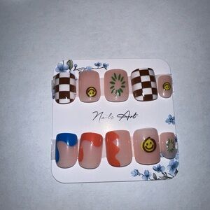 Press On Colorful Nail Art Set with Checkered Print Smiley Faces. 24pcs set